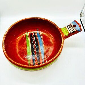 Mexico Folk Art Tlaquepaque Pottery Red Clay Ceramic Hand Painted Bowl W/Handle